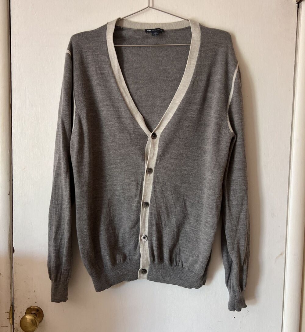 GAP Fine Merino Wool Long Sleeve Cardigan Gray Contrast Trim | Women ‘s Large